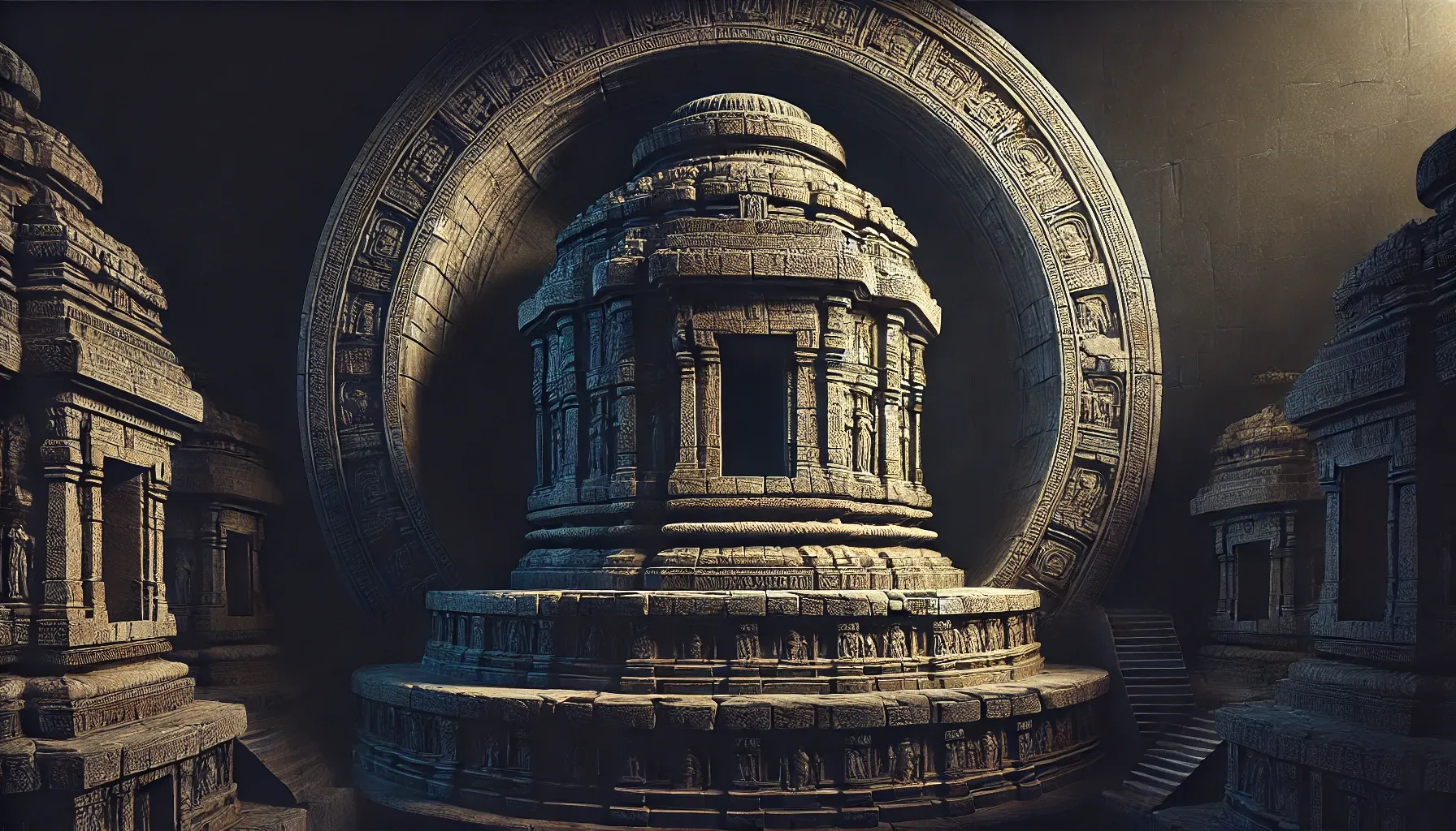 A realistic digital artwork of the 64 Yogini Temple. The image showcases the circular stone structure of the temple.